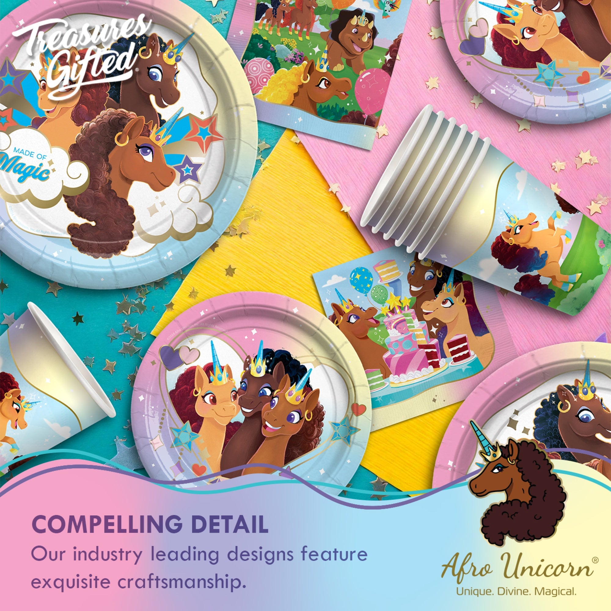 Afro Unicorn Party Decorations Tableware Starter Set for 16 Guests