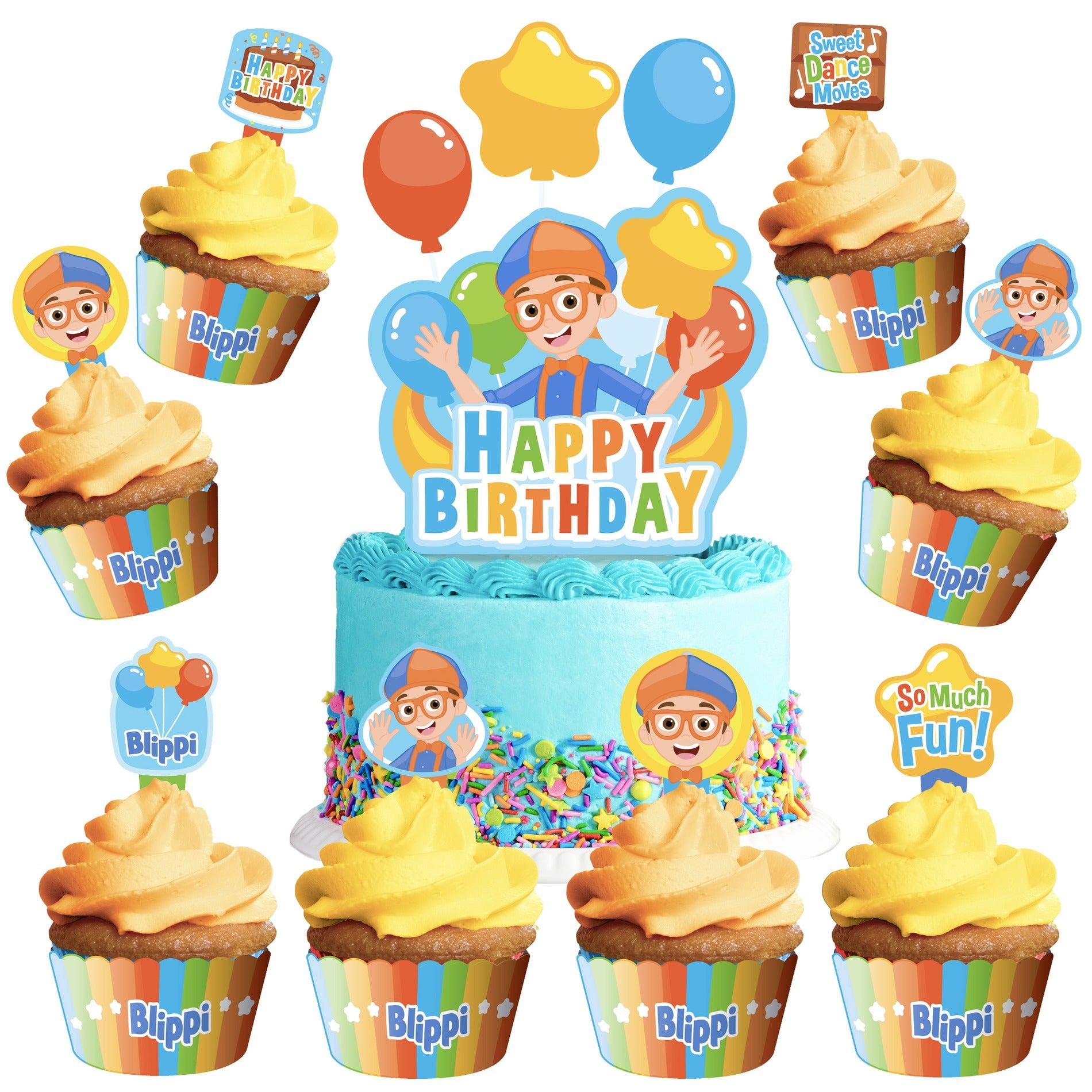 Blippi Birthday Cake Topper & Blippi Cupcake Toppers Kit