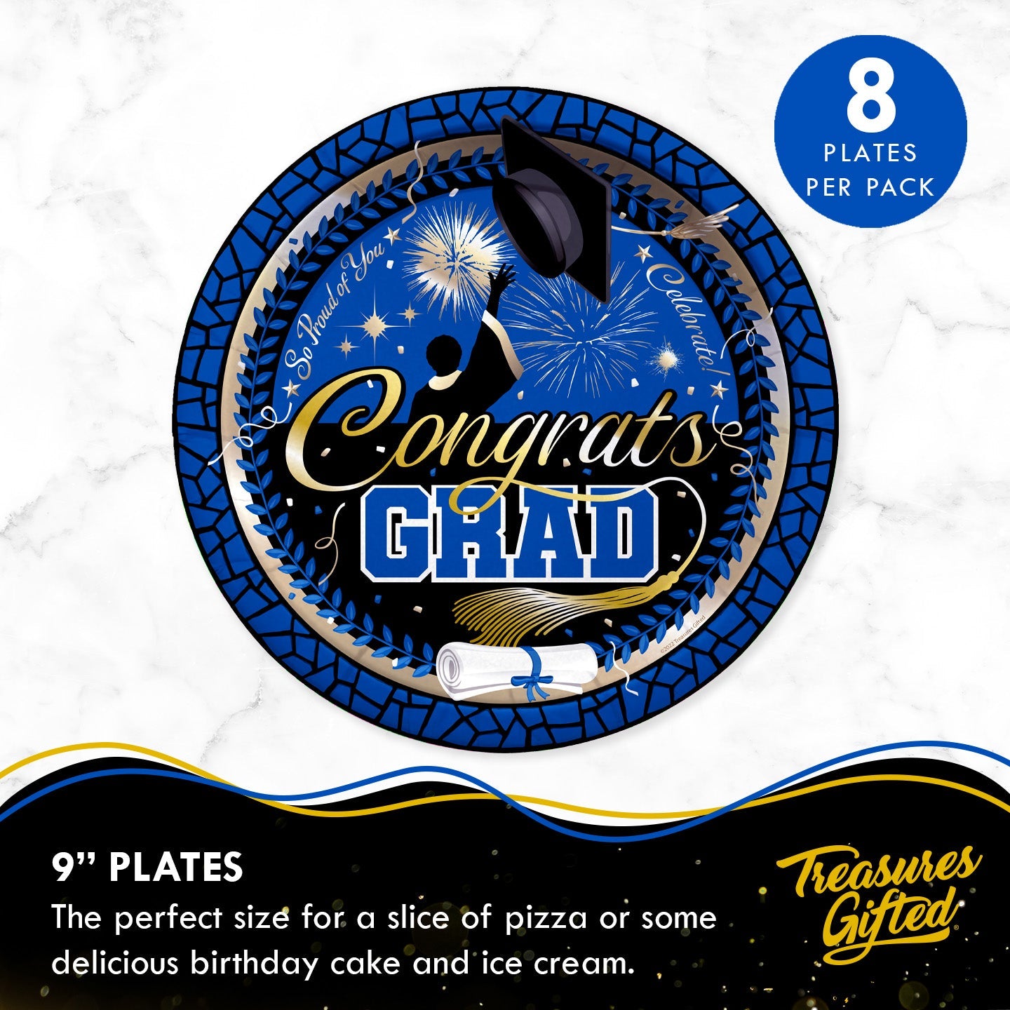 Blue Graduation Plates 9in - Blue Graduation Party Supplies