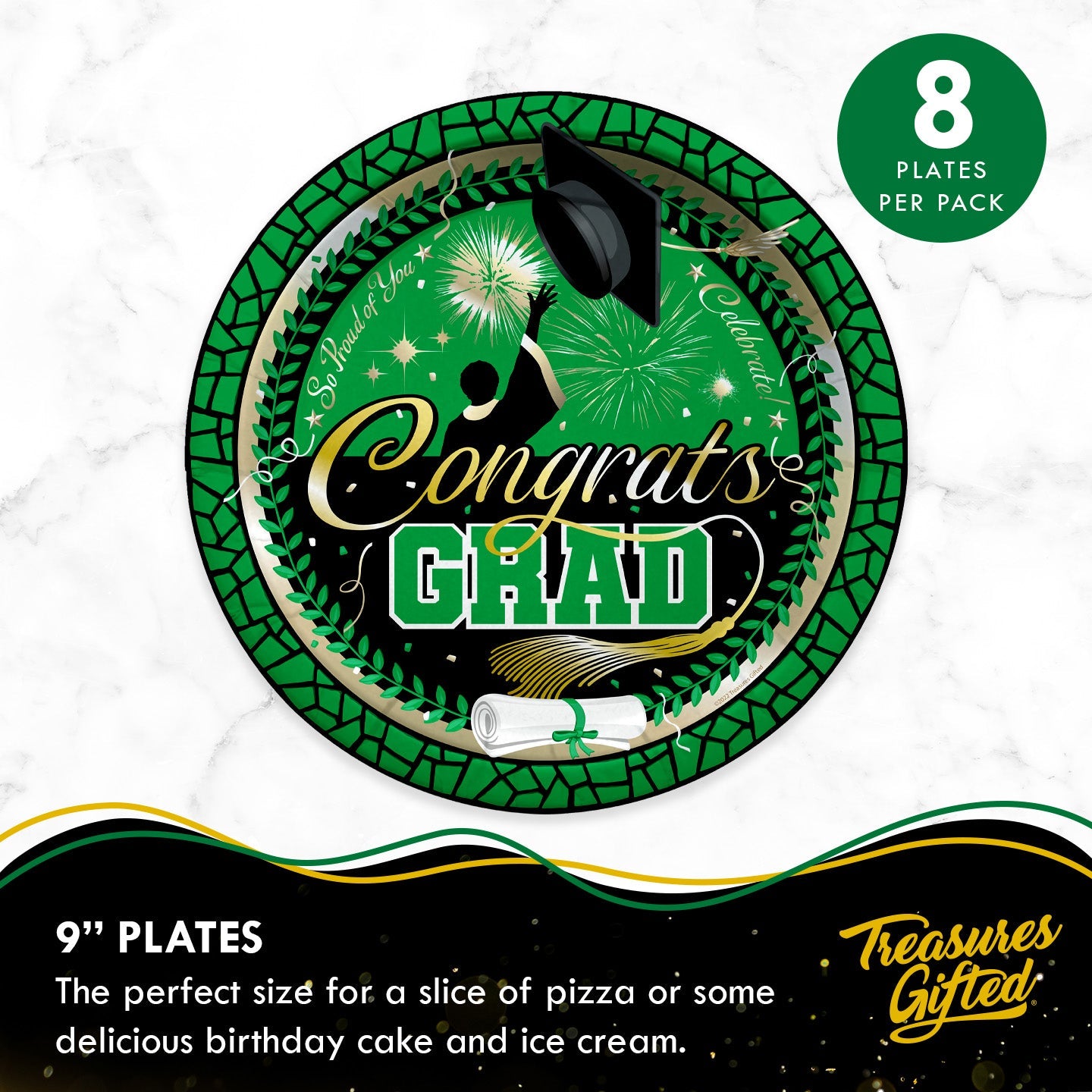 Green Graduation Plates 9in - Green Graduation Party Supplies