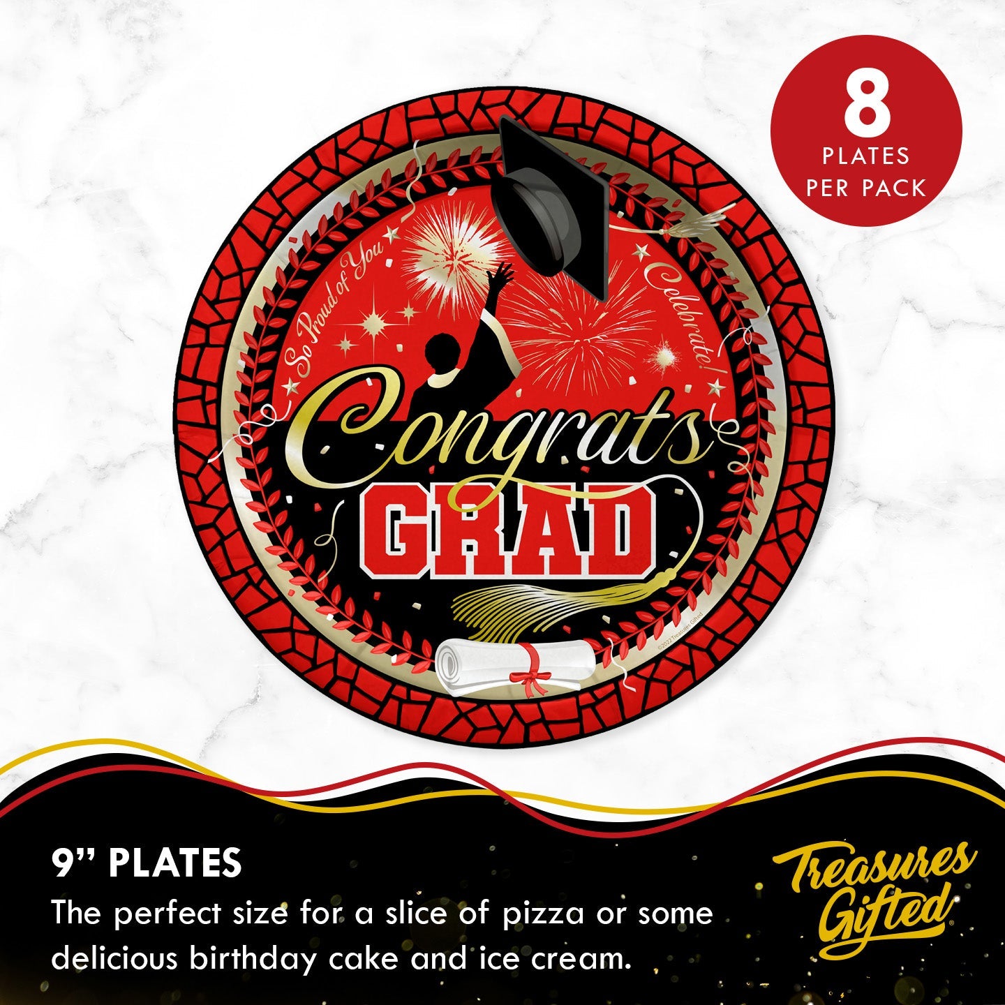 Red Graduation Plates 9in - Red Graduation Party Supplies