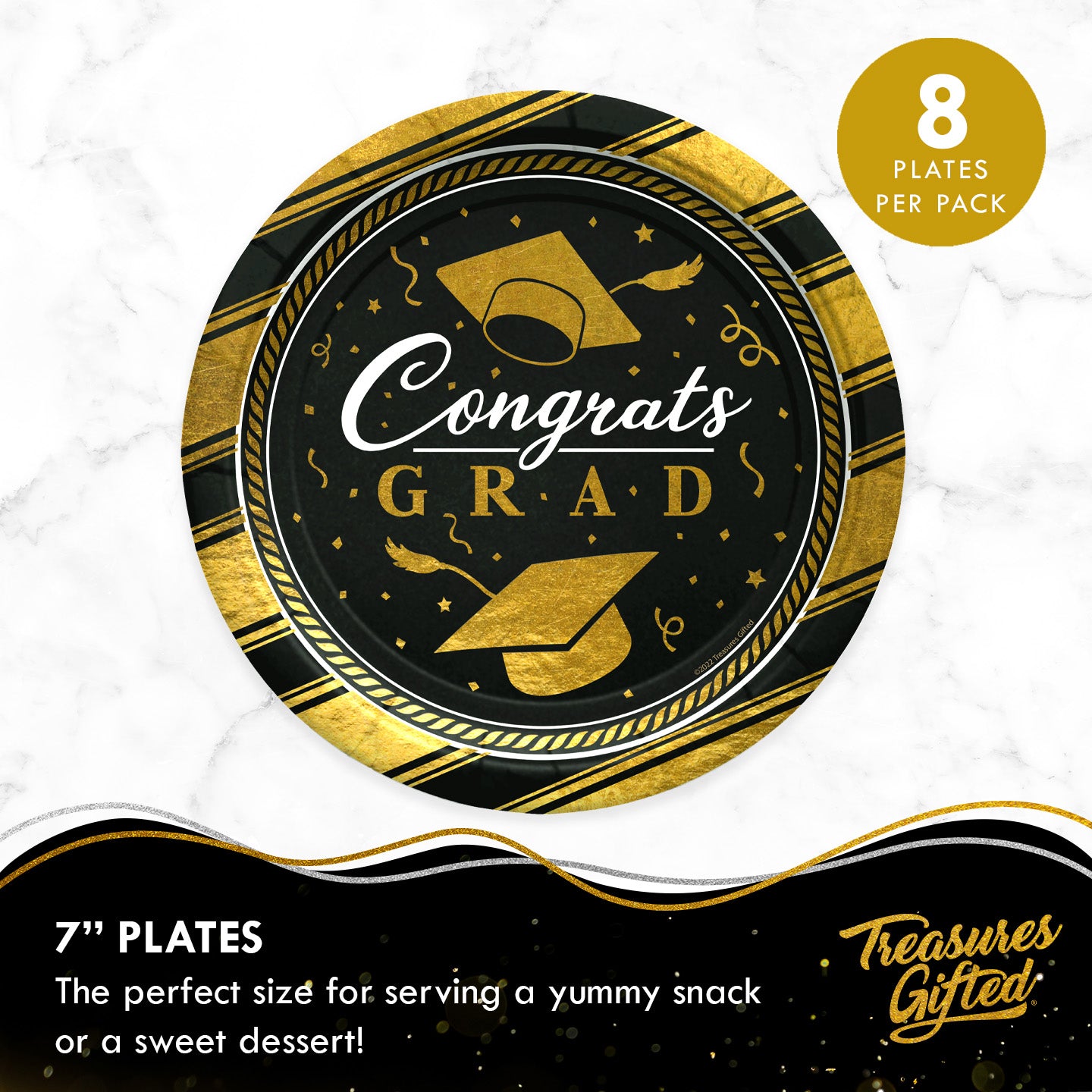 Gold Graduation Plates 7in - Gold Graduation Party Supplies