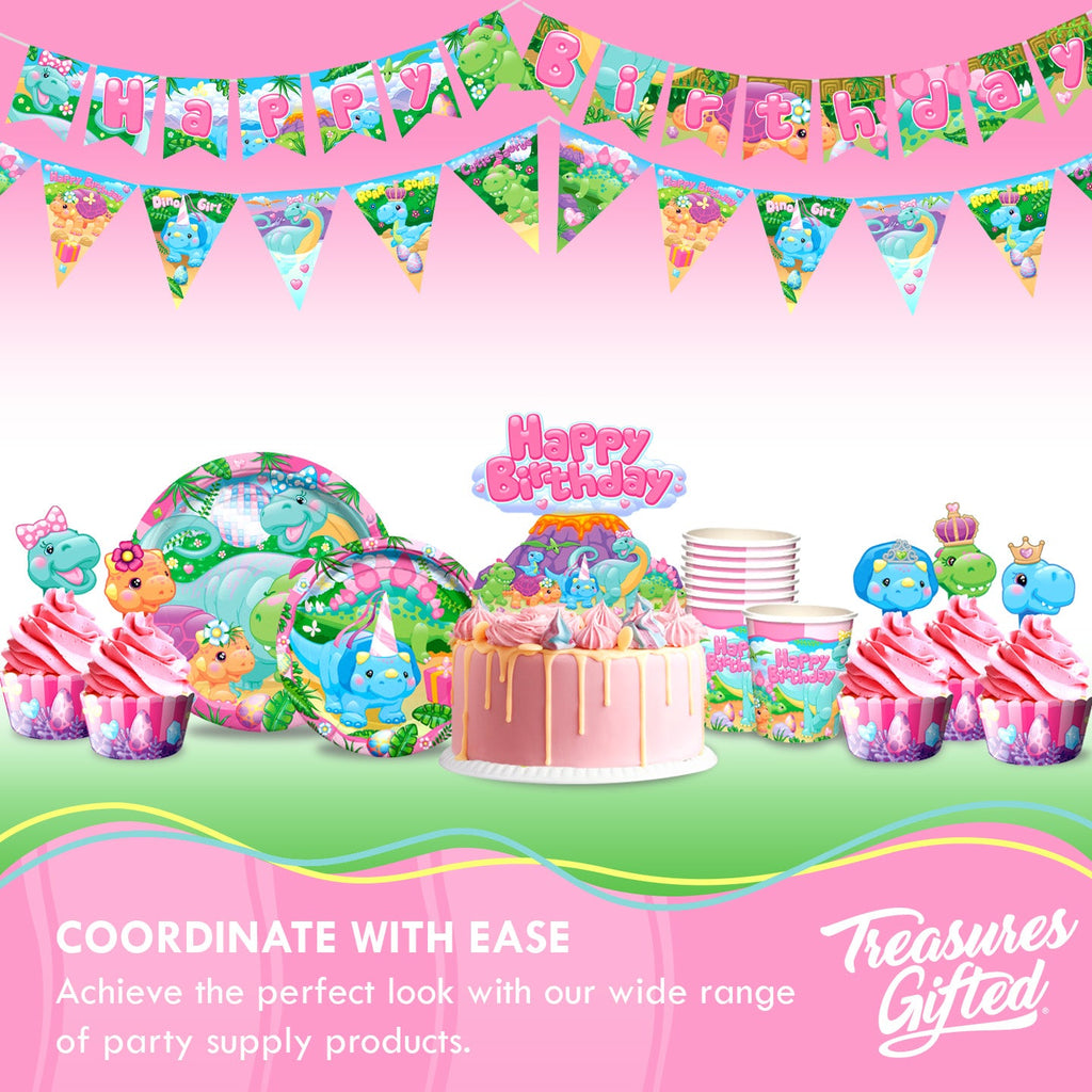 Girl Dinosaur Birthday Banner Pennant - Girl Dinosaur Party Supplies