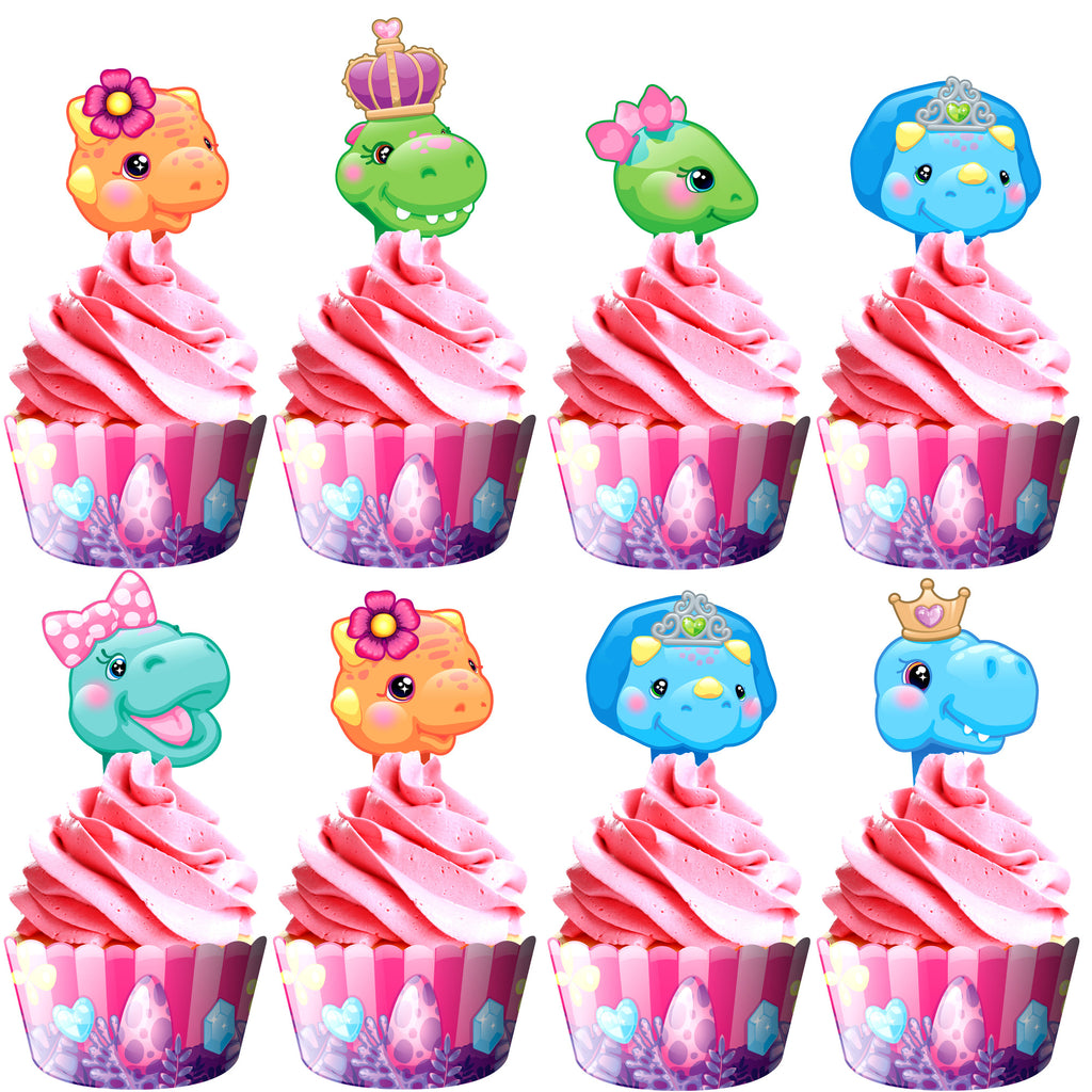 Girl Dinosaur Cupcake Toppers & Girl Dinosaur Cupcake Wrappers