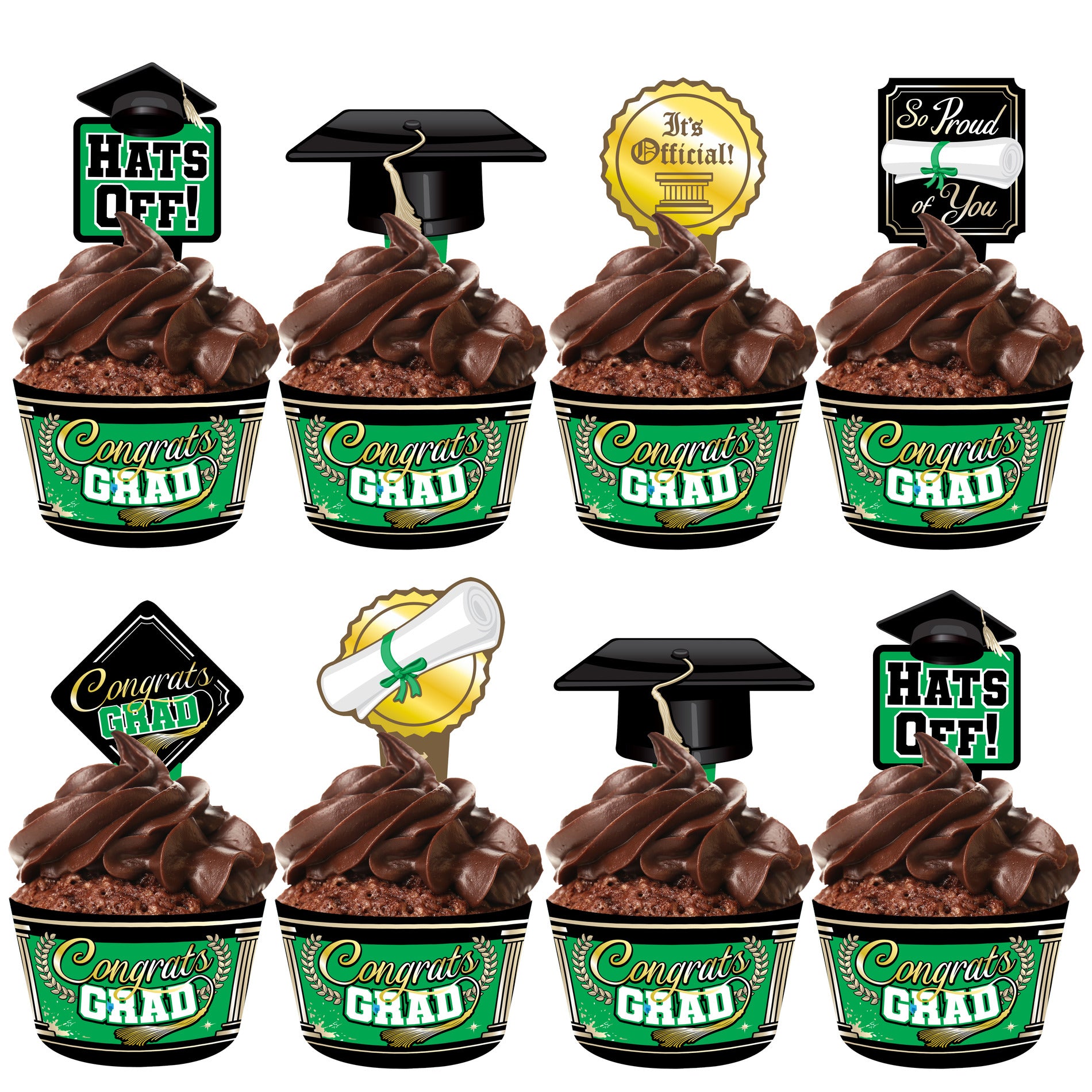 Green Graduation Cupcake Toppers & Green Graduation Cupcake Wrappers