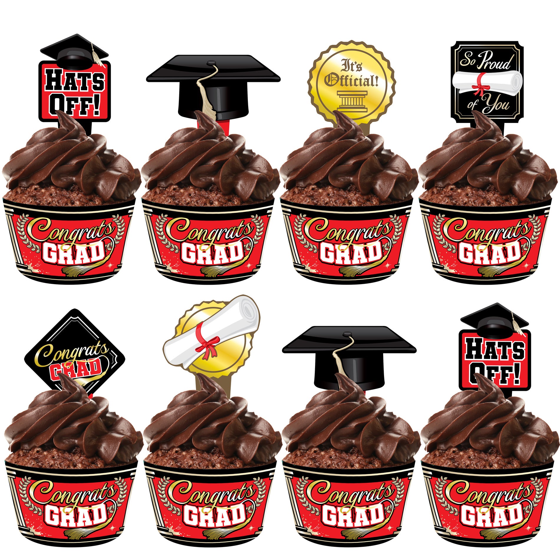 Red Graduation Cupcake Toppers & Red Graduation Cupcake Wrappers